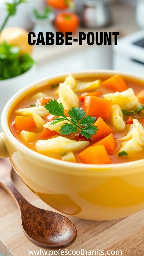 Zero Point Weight Watchers Cabbage Soup Recipe A bowl of cabbage soup with vegetables like cabbage, carrots, and bell peppers, garnished with parsley, in a bright kitchen.